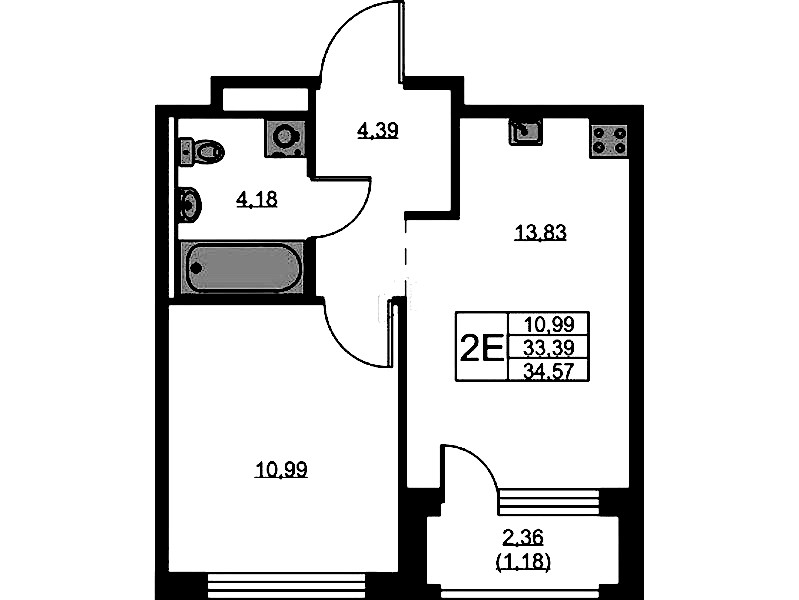 1-комнатная квартира 34.57 м², 5/9 эт., ЖК «GloraX Новоселье»